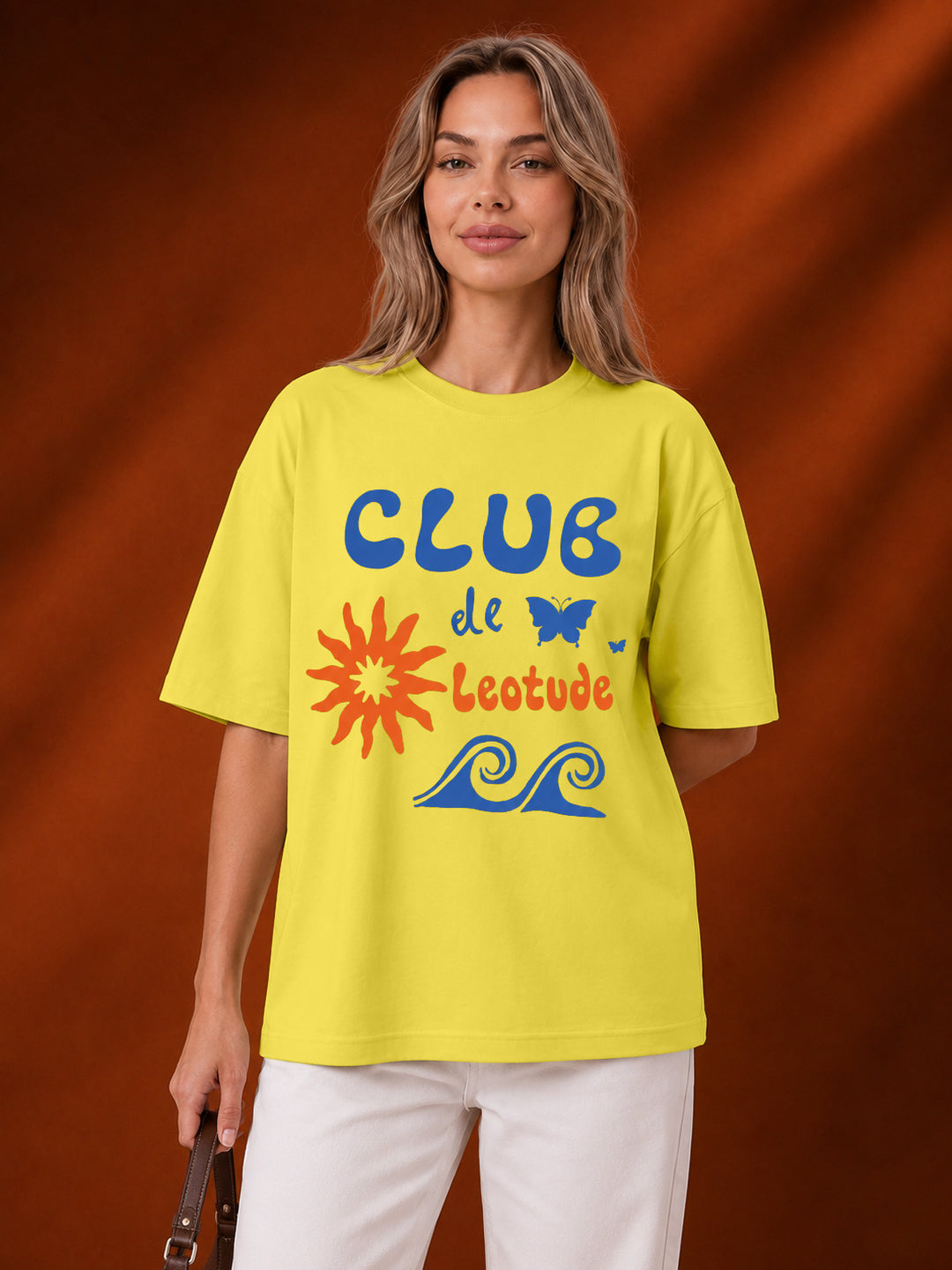 Leotude Yellow Club Printed Oversized Tshirt for Women