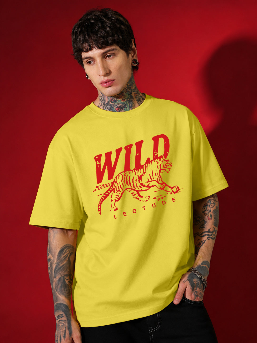 Leotude Yellow Wild Printed Oversized Tshirt for Men