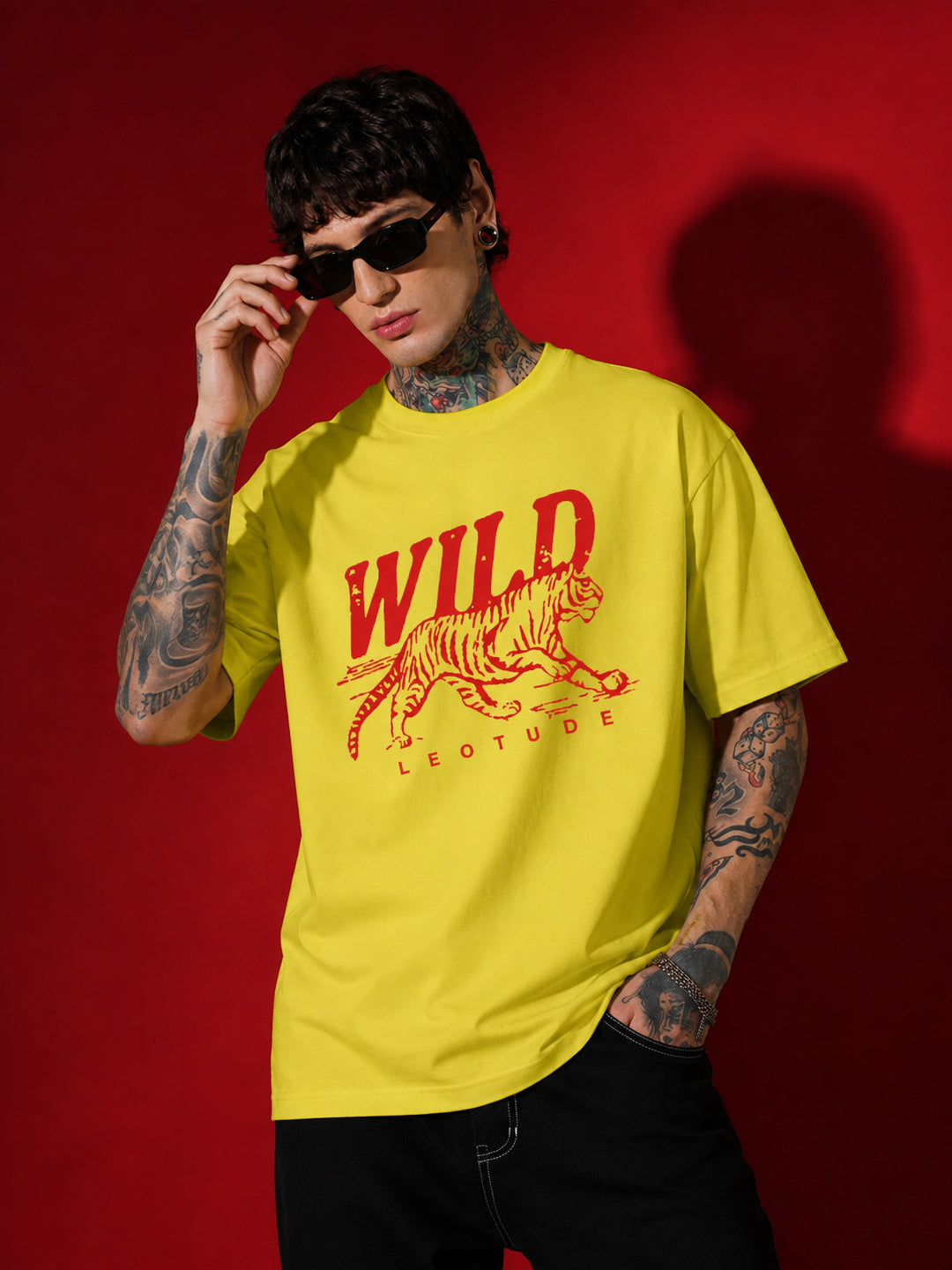 Leotude Yellow Wild Printed Oversized Tshirt for Men