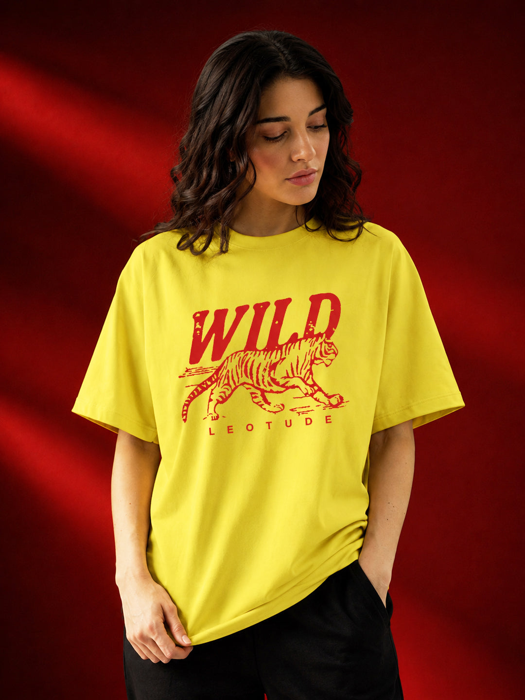 Leotude Yellow Wild Printed Oversized Tshirt for Women