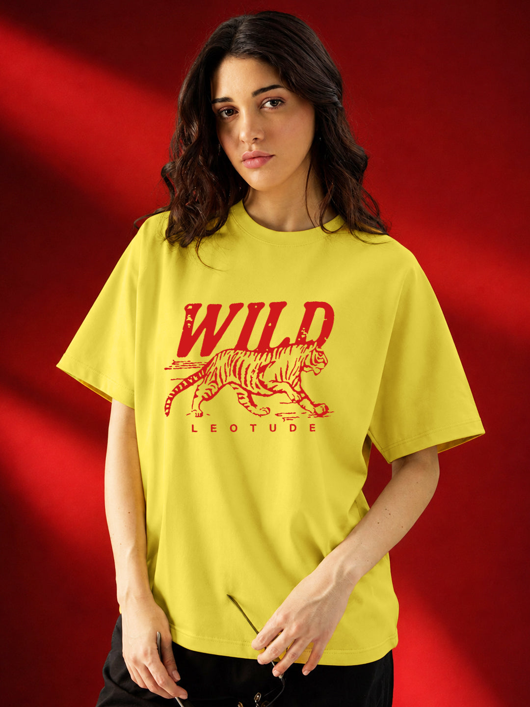 Leotude Yellow Wild Printed Oversized Tshirt for Women