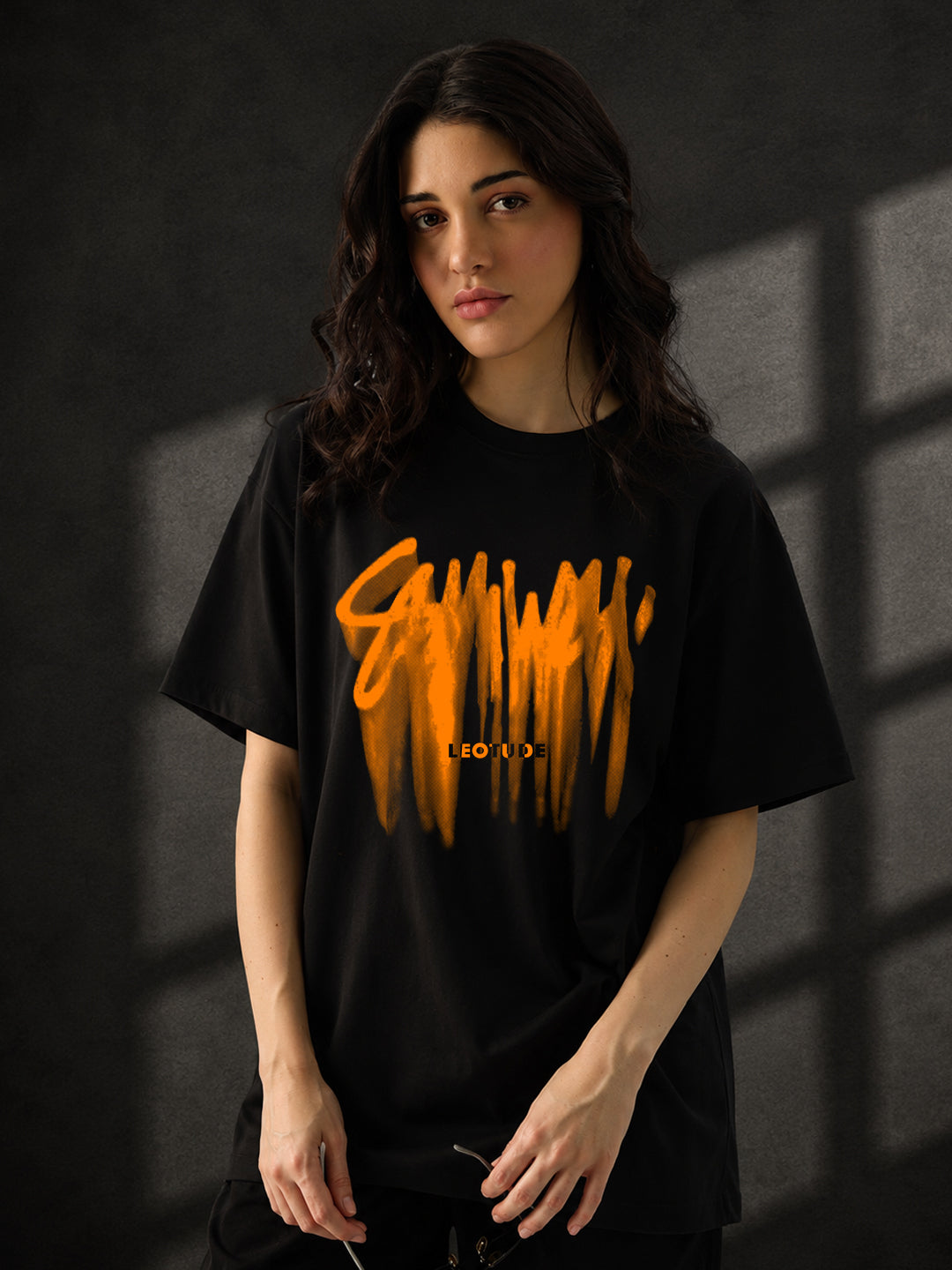 Leotude Black Sumwon Printed Oversized Tshirt for Women