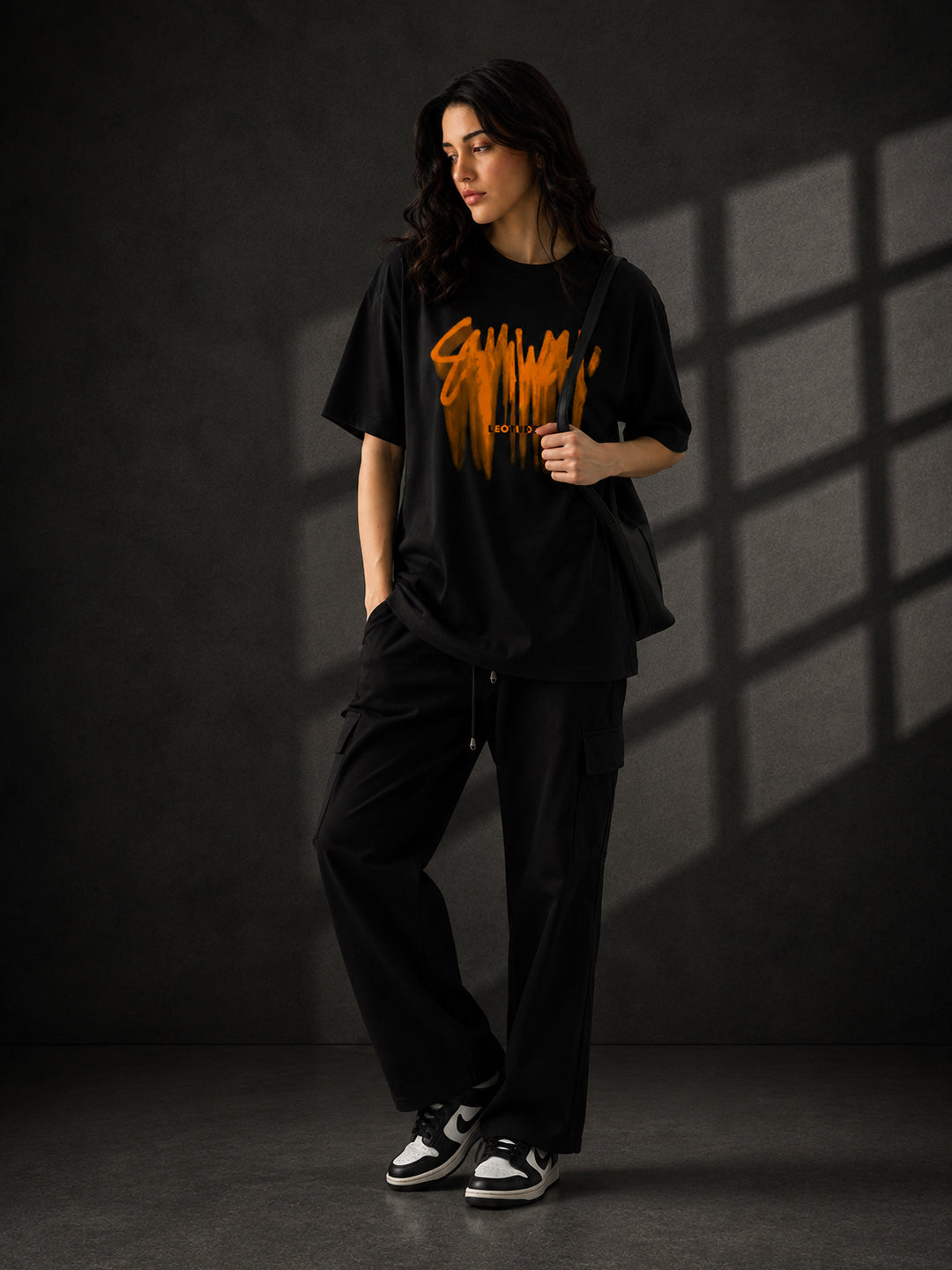 Leotude Black Sumwon Printed Oversized Tshirt for Women