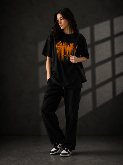 Leotude Black Sumwon Printed Oversized Tshirt for Women