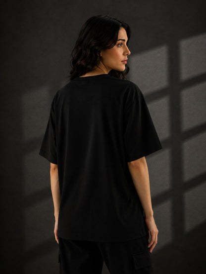 Leotude Black Sumwon Printed Oversized Tshirt for Women