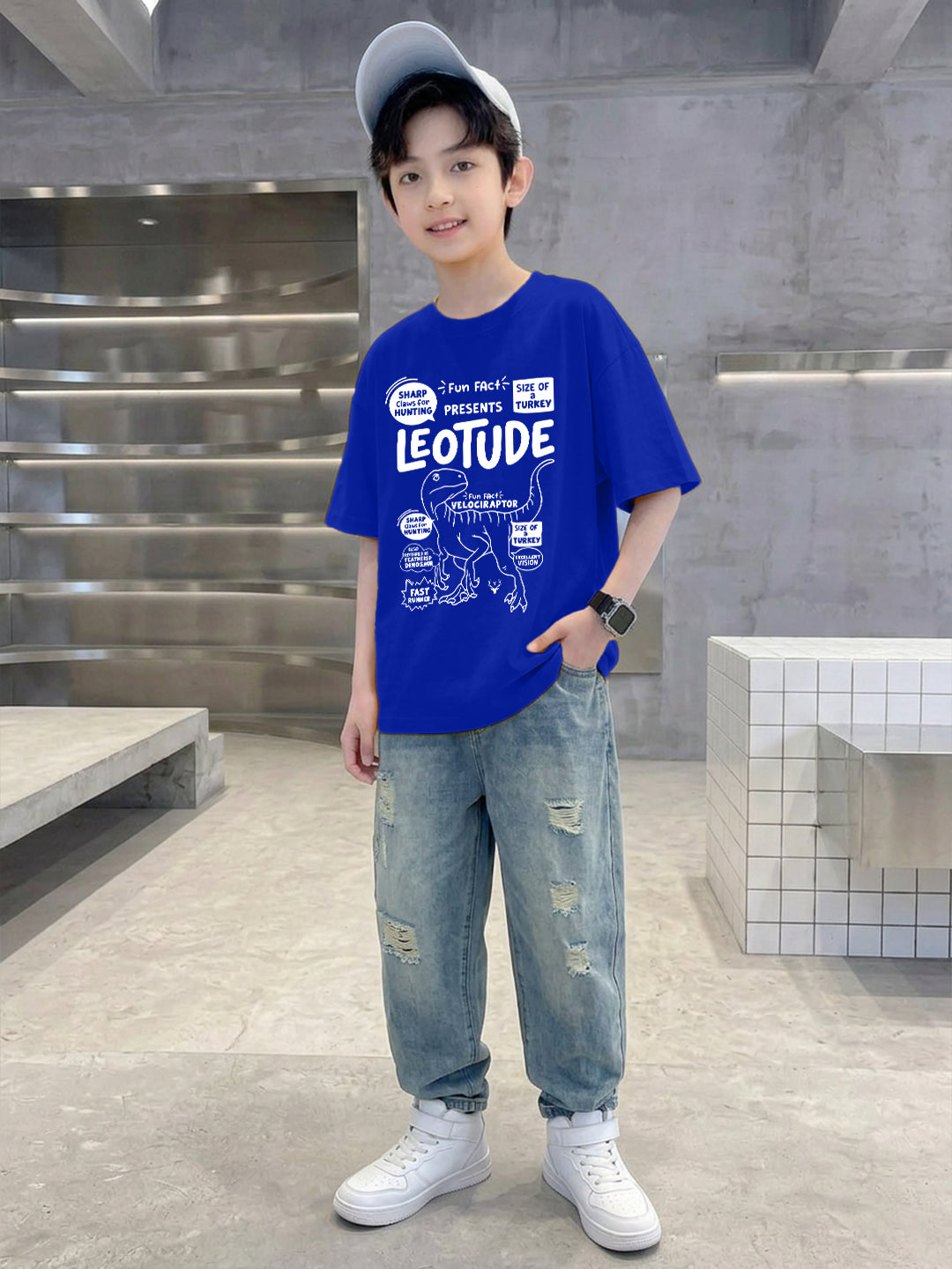 Leotude Boys' Blue Velociraptor Fun Facts Printed T-Shirt