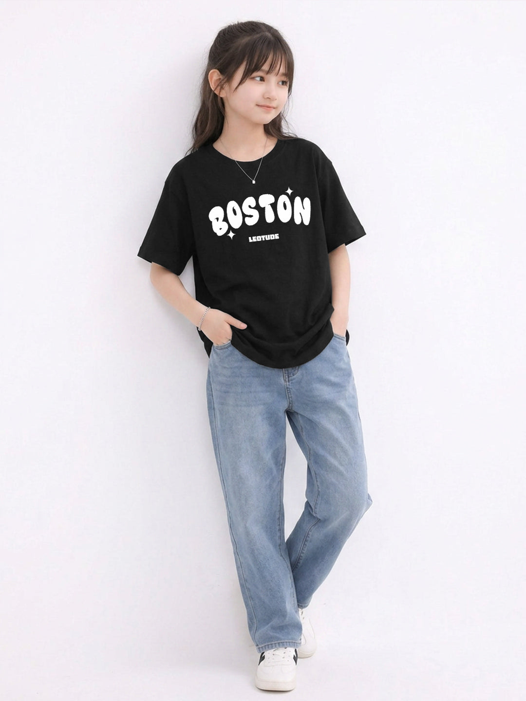 Leotude Girls' Black Boston Printed T-Shirt