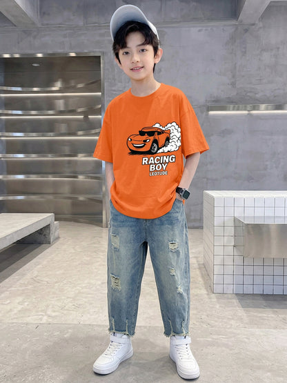 Leotude Boys' Orange Racing Boy Printed T-Shirt