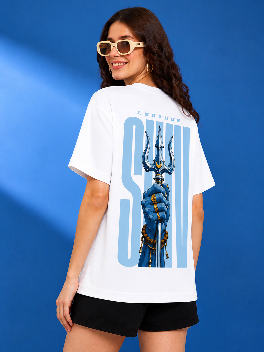 Leotude Women's "Shiv" Trishul Printed T-Shirt — White Oversized Backprint Tee