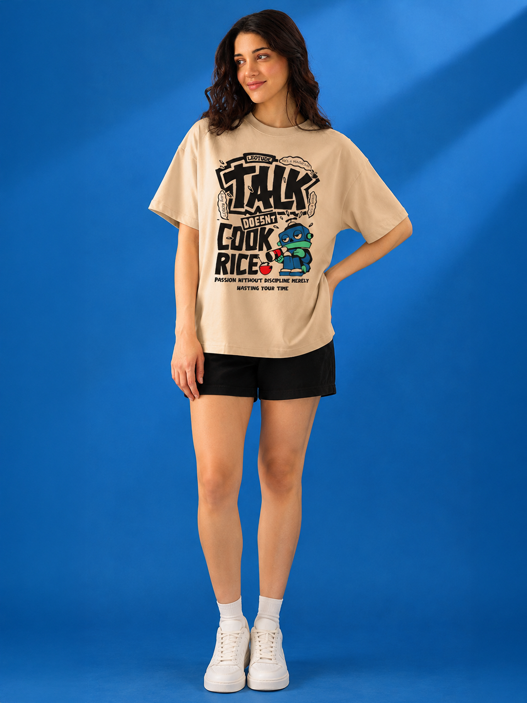 Leotude Beige Talk Printed Oversized Tshirt for Women