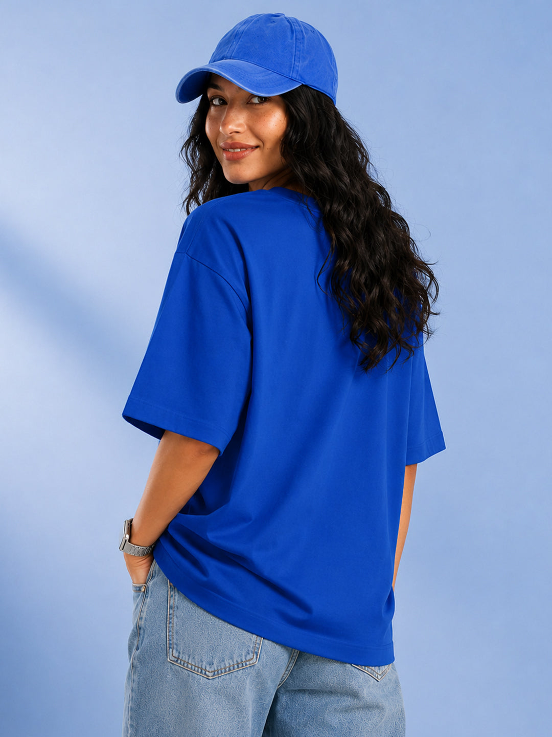 Leotude Oversized Plain T-Shirt — Women's Solid Cotton Drop-Shoulder Tee - Blue