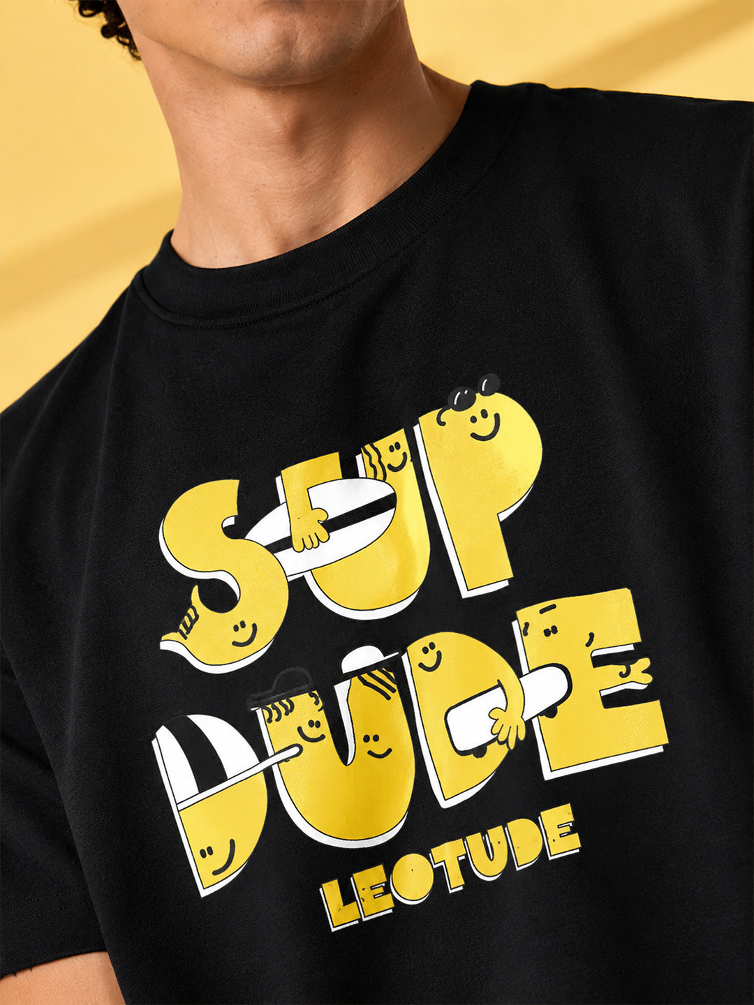 Leotude Black Sup Dude Printed Oversized Tshirt for Men