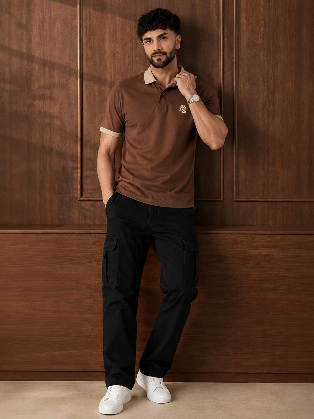 Leotude Men's Brown Contrast Collar Polo T-Shirt