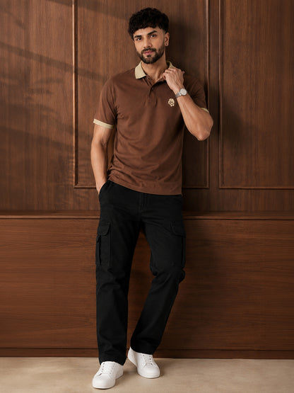 Leotude Men's Brown Contrast Collar Polo T-Shirt