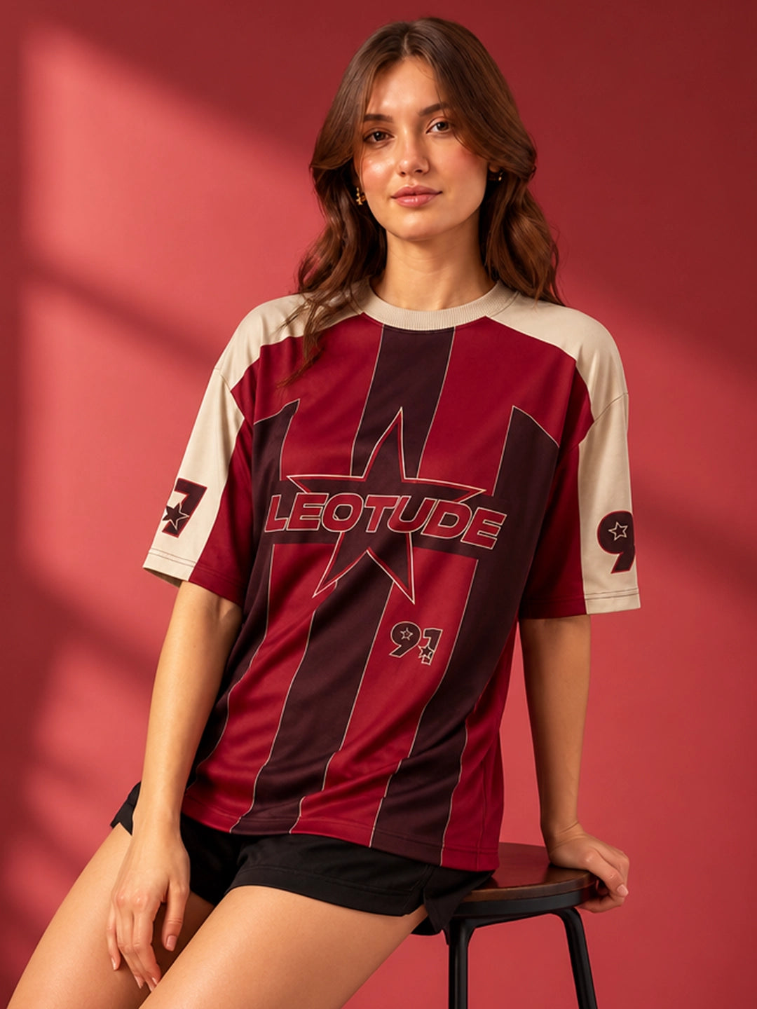 Leotude Women's Maroon Star 91 Printed T-Shirt