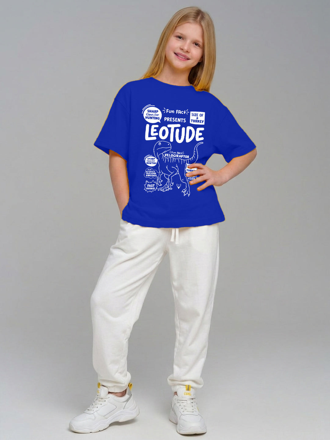 Leotude Girls' Blue Velociraptor Fun Facts Printed T-Shirt