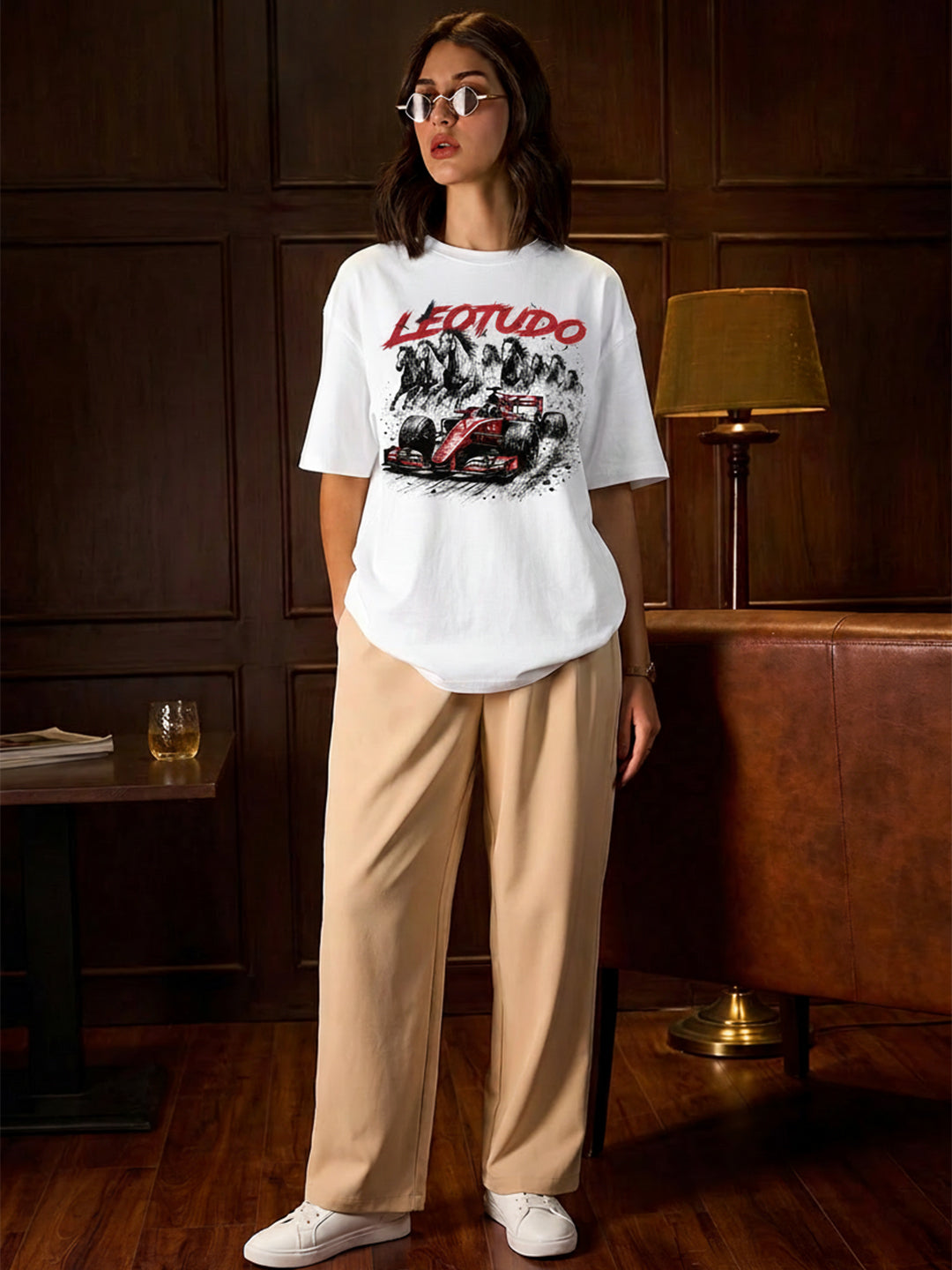 Leotude Women "Racing Stallions" White Oversized T-Shirt