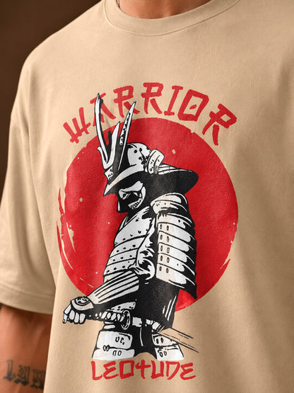 Leotude Men's "Warrior" Samurai Print Oversized T-Shirt — Beige Streetwear Tee