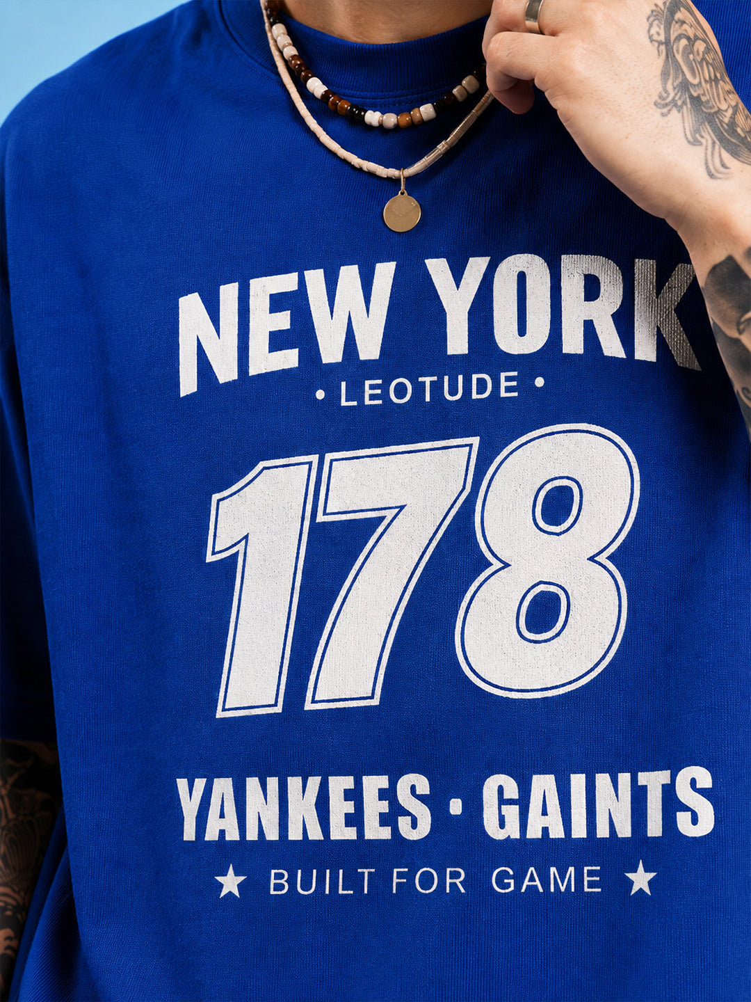 Leotude Men "New York 178" Printed Oversized T-Shirt — Royal Blue Varsity Tee