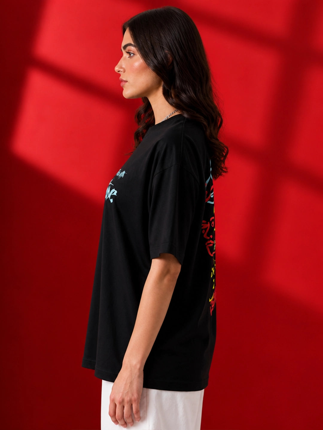 Leotude Black Abstract Faces Printed Oversized Tshirt for Women