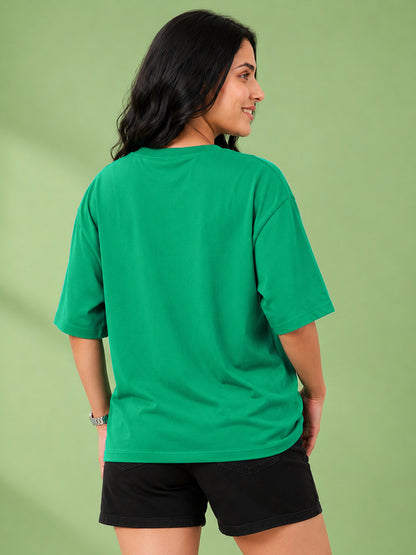 Leotude Oversized Plain T-Shirt — Women's Solid Cotton Drop-Shoulder Tee - Green