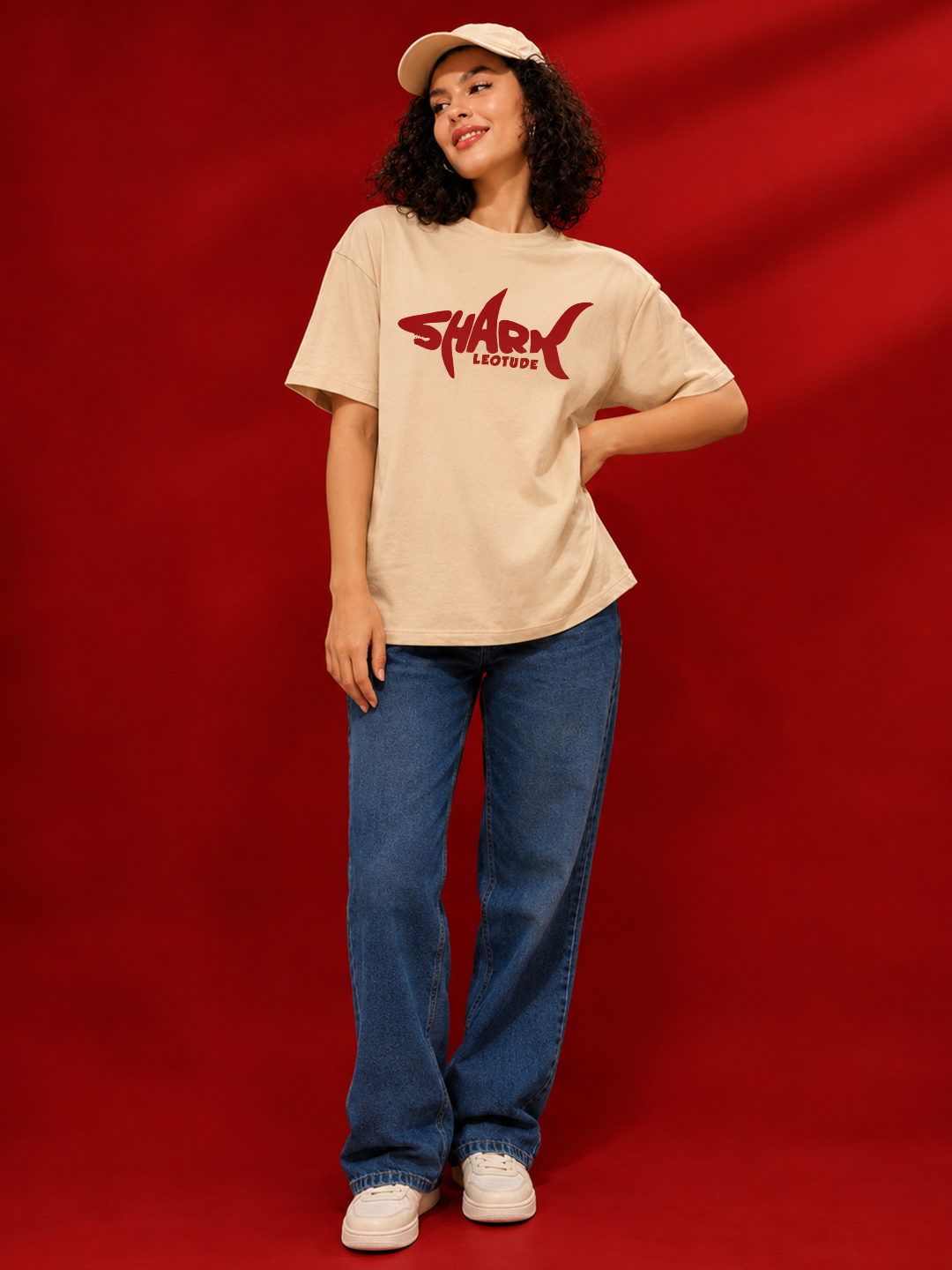 Leotude Beige Shark Printed Oversized Tshirt for Women