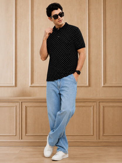 Leotude Men's Black Polka Dot Printed Polo T-Shirt