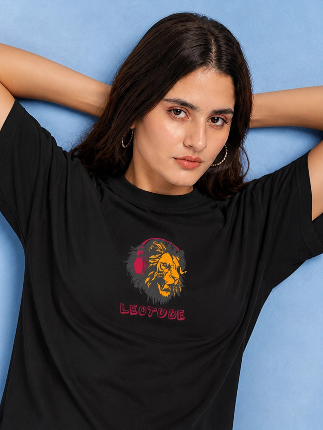 Leotude Black DJ Leo Printed Oversized Tshirt for Women