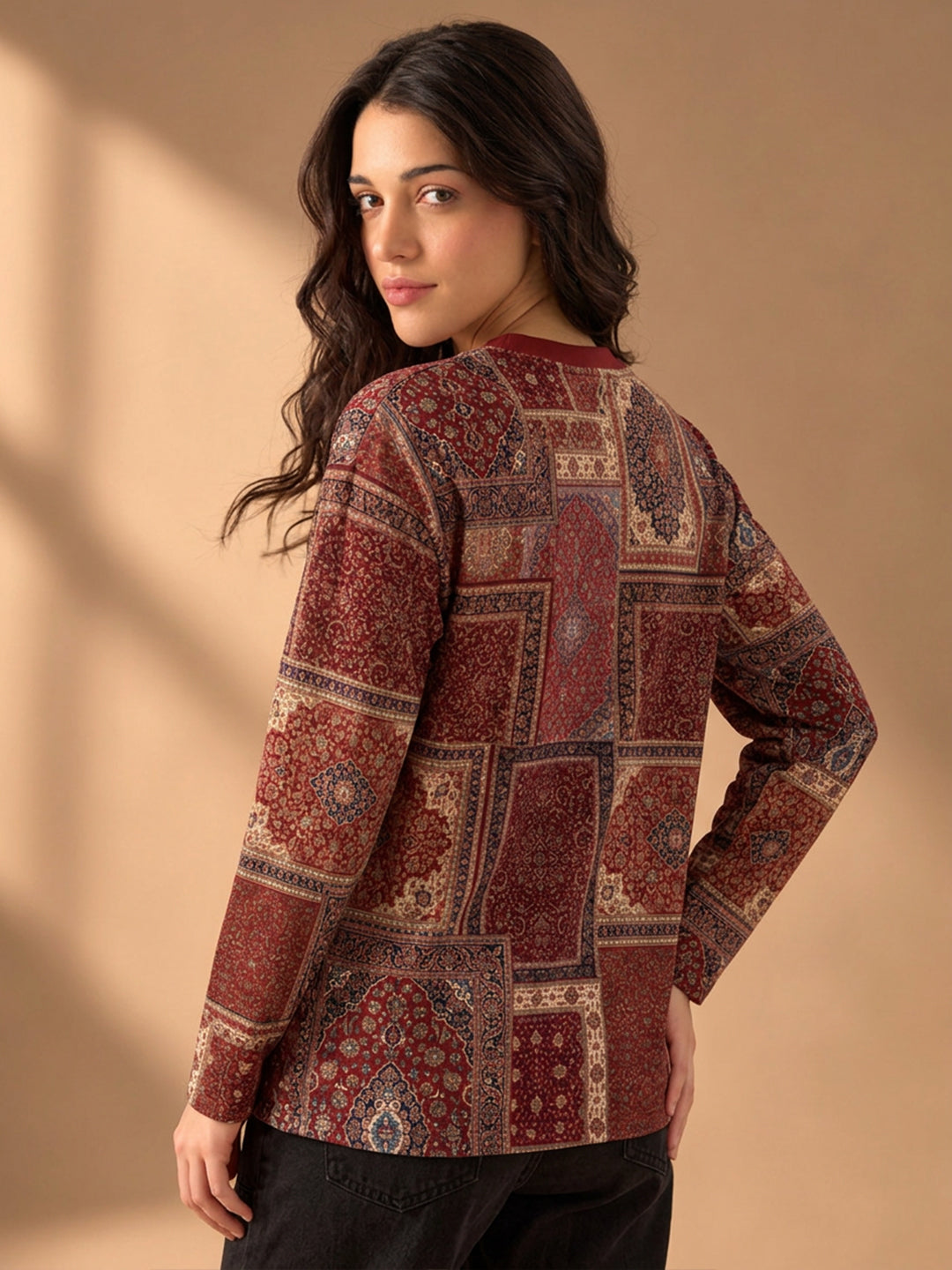 Leotude Women's Maroon Persian Patchwork Print Oversized Full Sleeve T-Shirt
