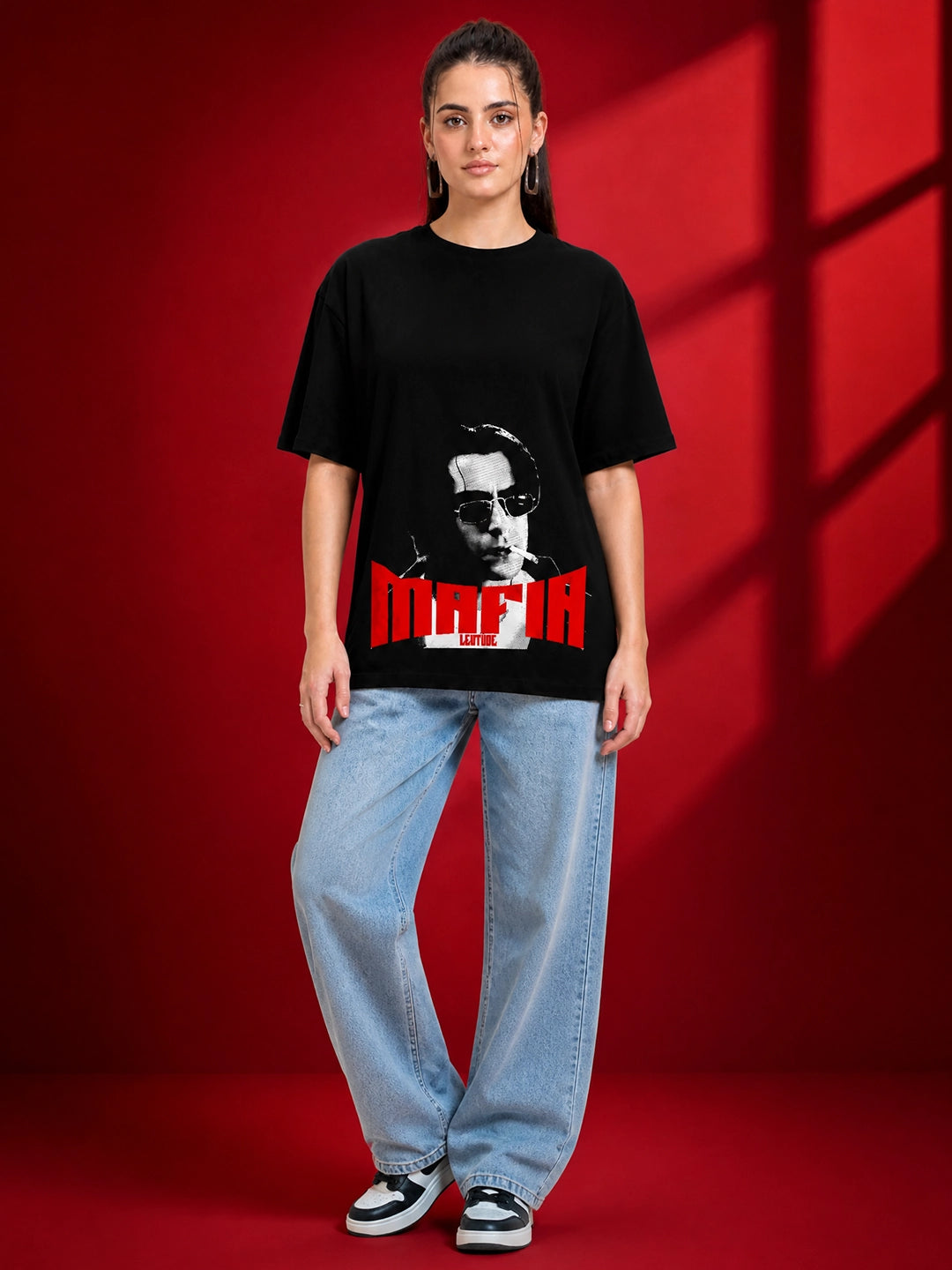Leotude Black Mafia Printed Oversized Tshirt for Women