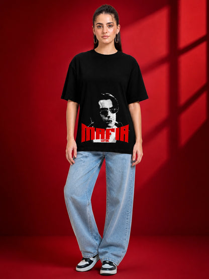 Leotude Black Mafia Printed Oversized Tshirt for Women
