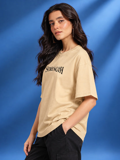 Leotude Women "Limitless Strength" Beige Oversized T-Shirt
