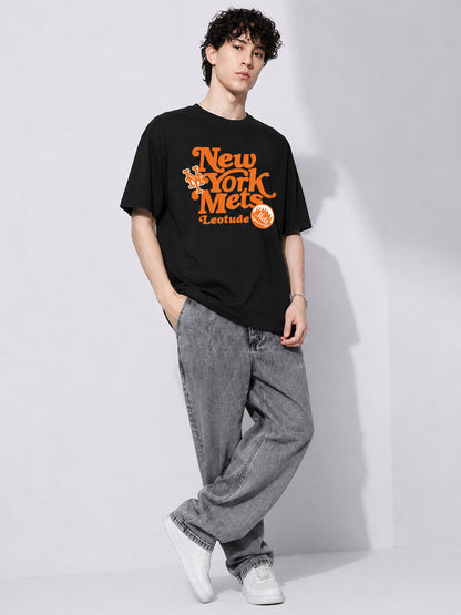 Leotude Men's Black New York Mets Graphic Regular Fit T-Shirt