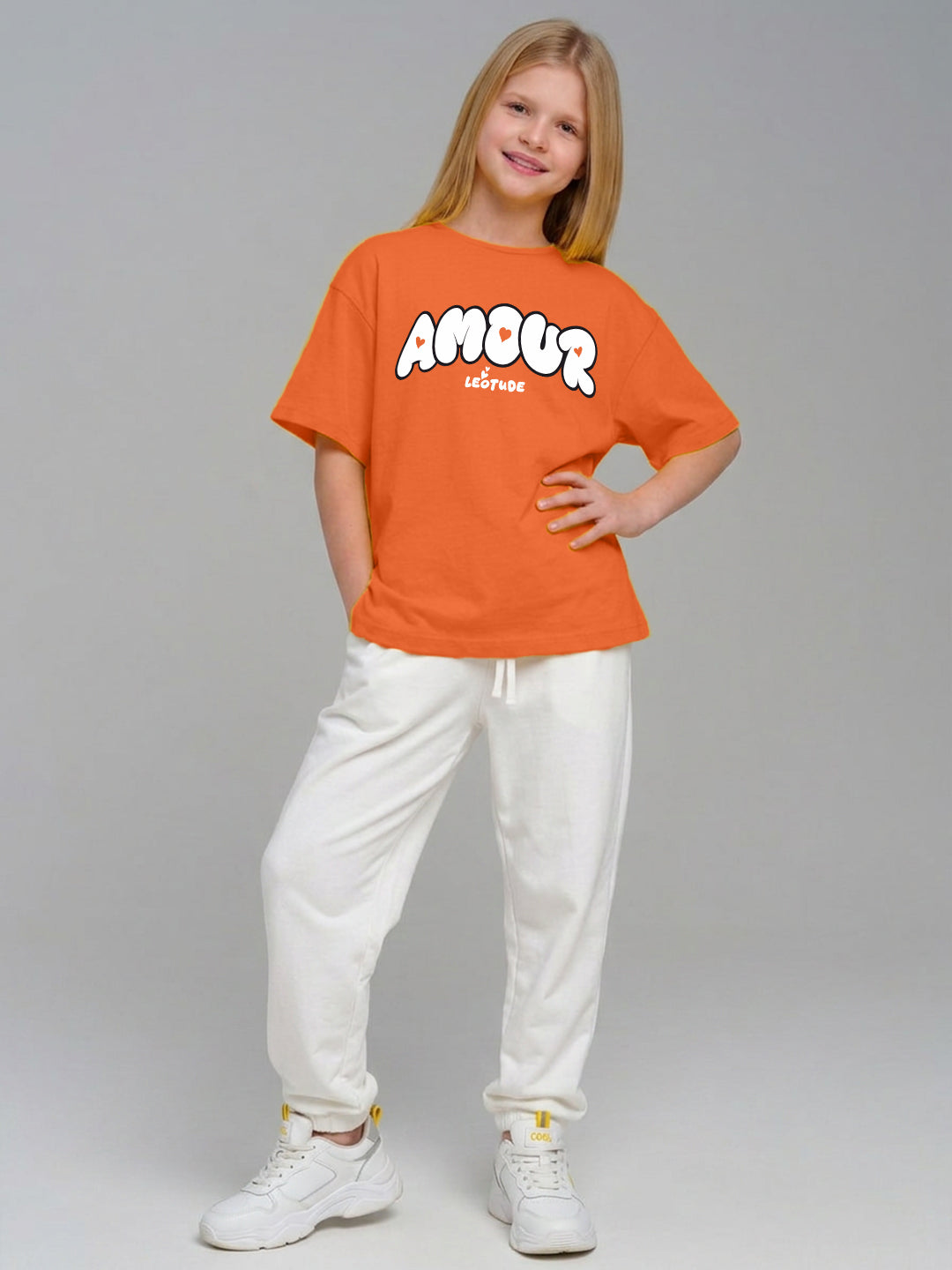 Leotude Girls' Orange Amour Printed T-Shirt