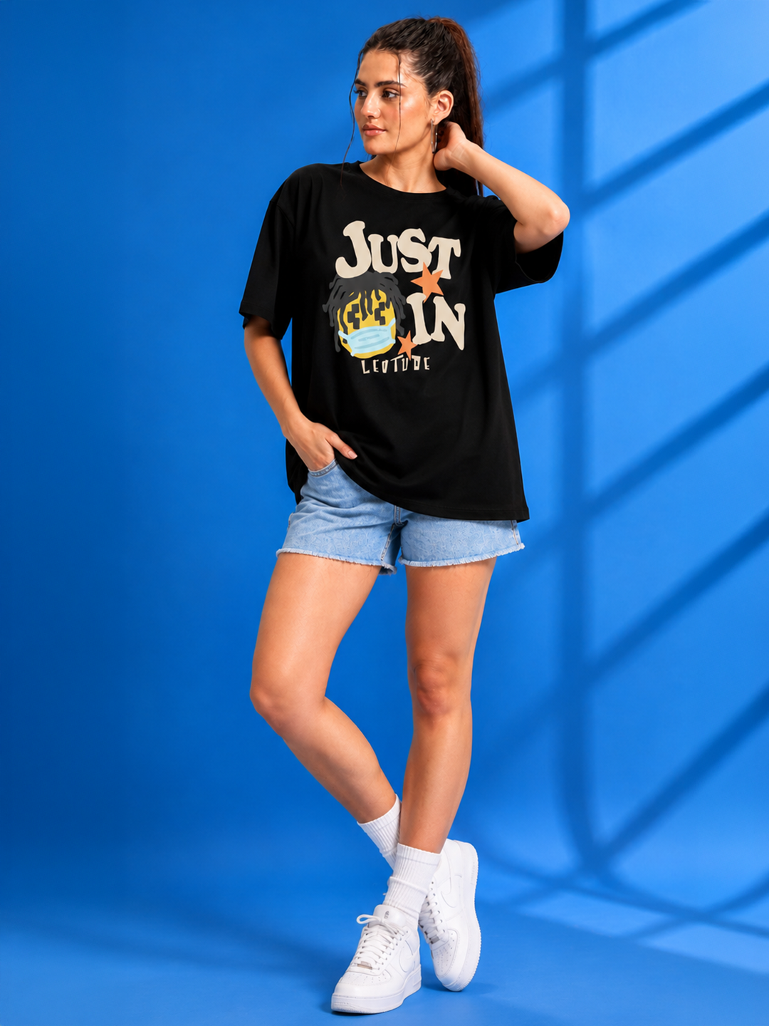 Leotude Black Just In Printed Oversized Tshirt for Women