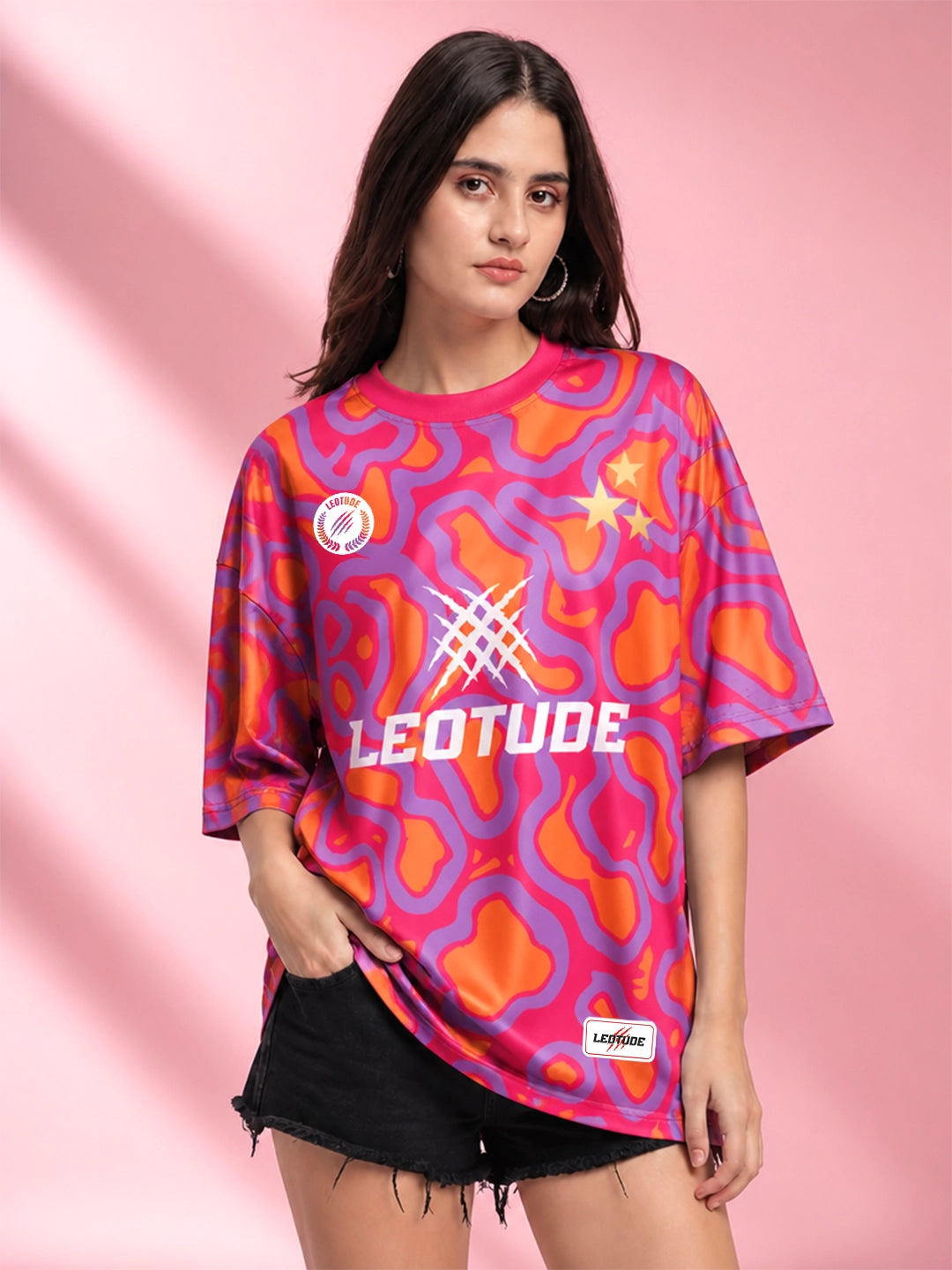 Leotude Women's Pink Funkwave Printed T-Shirt