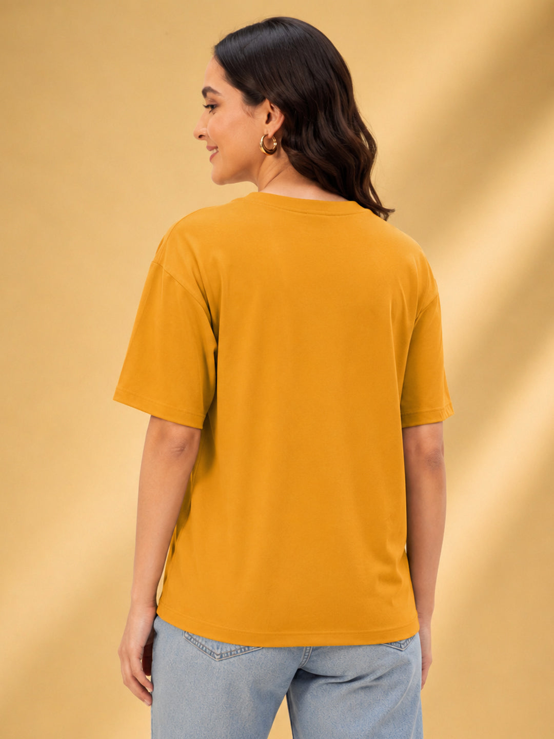Leotude Oversized Plain T-Shirt — Women's Solid Cotton Drop-Shoulder Tee - Mustard