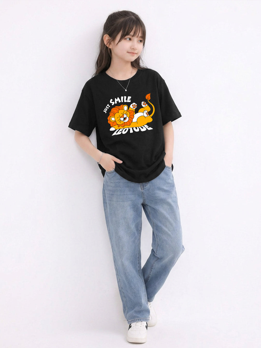 Leotude Girls' Black Just Smile Printed T-Shirt