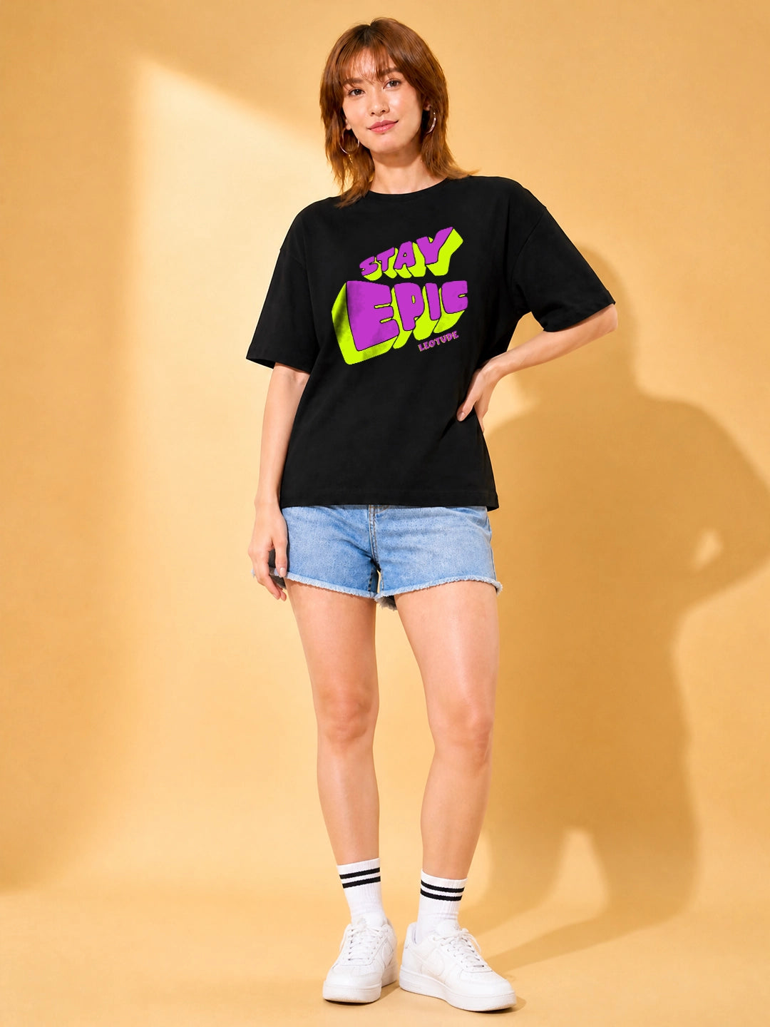 Leotude Black Stay Epic Printed Oversized Tshirt for Women