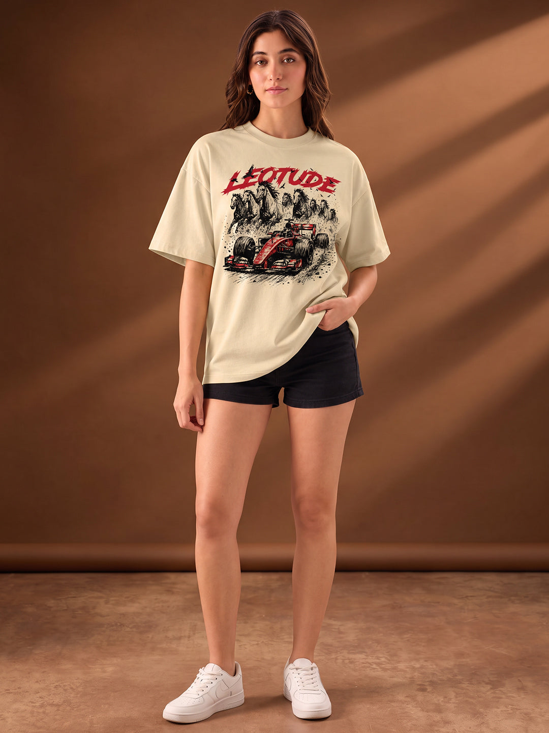 Leotude Women "Racing Stallions" Beige Oversized T-Shirt