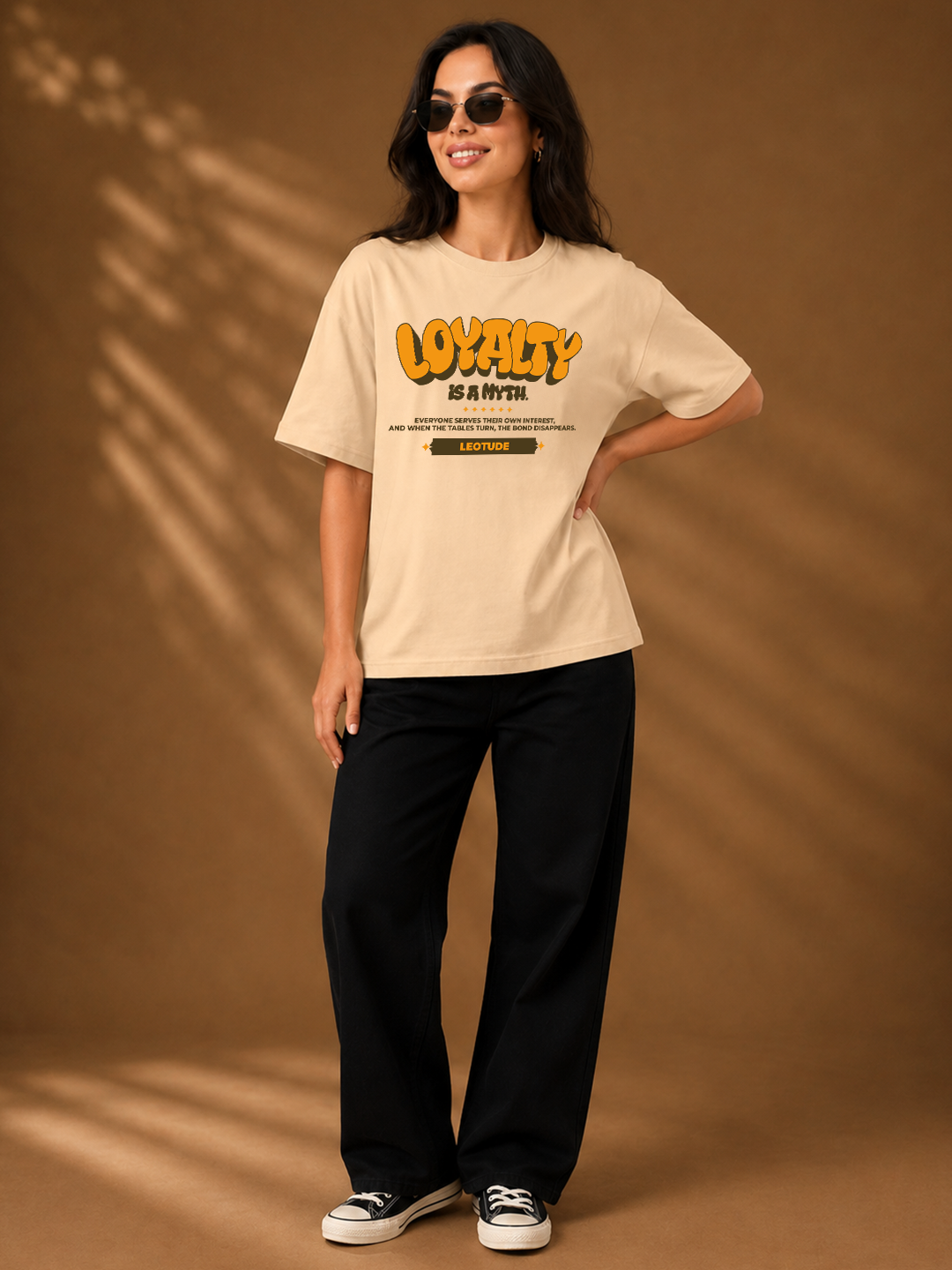 Leotude Beige Loyalty Is A Myth Printed Oversized Tshirt for Women