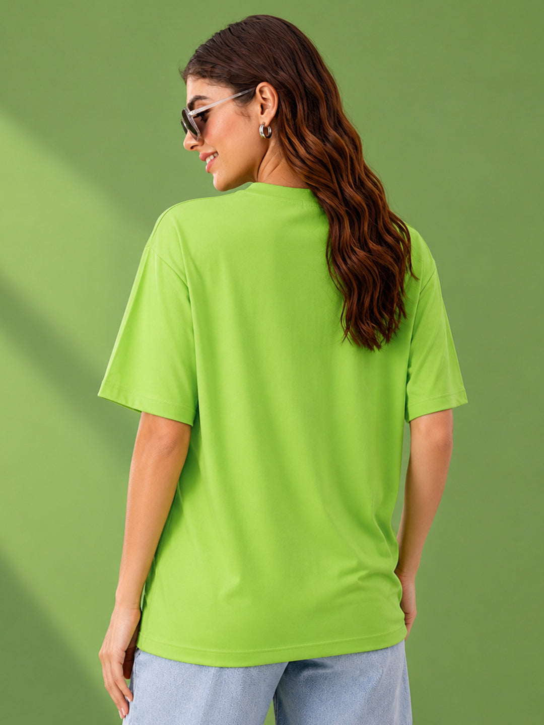 Leotude Oversized Plain T-Shirt — Women's Solid Cotton Drop-Shoulder Tee - Neon