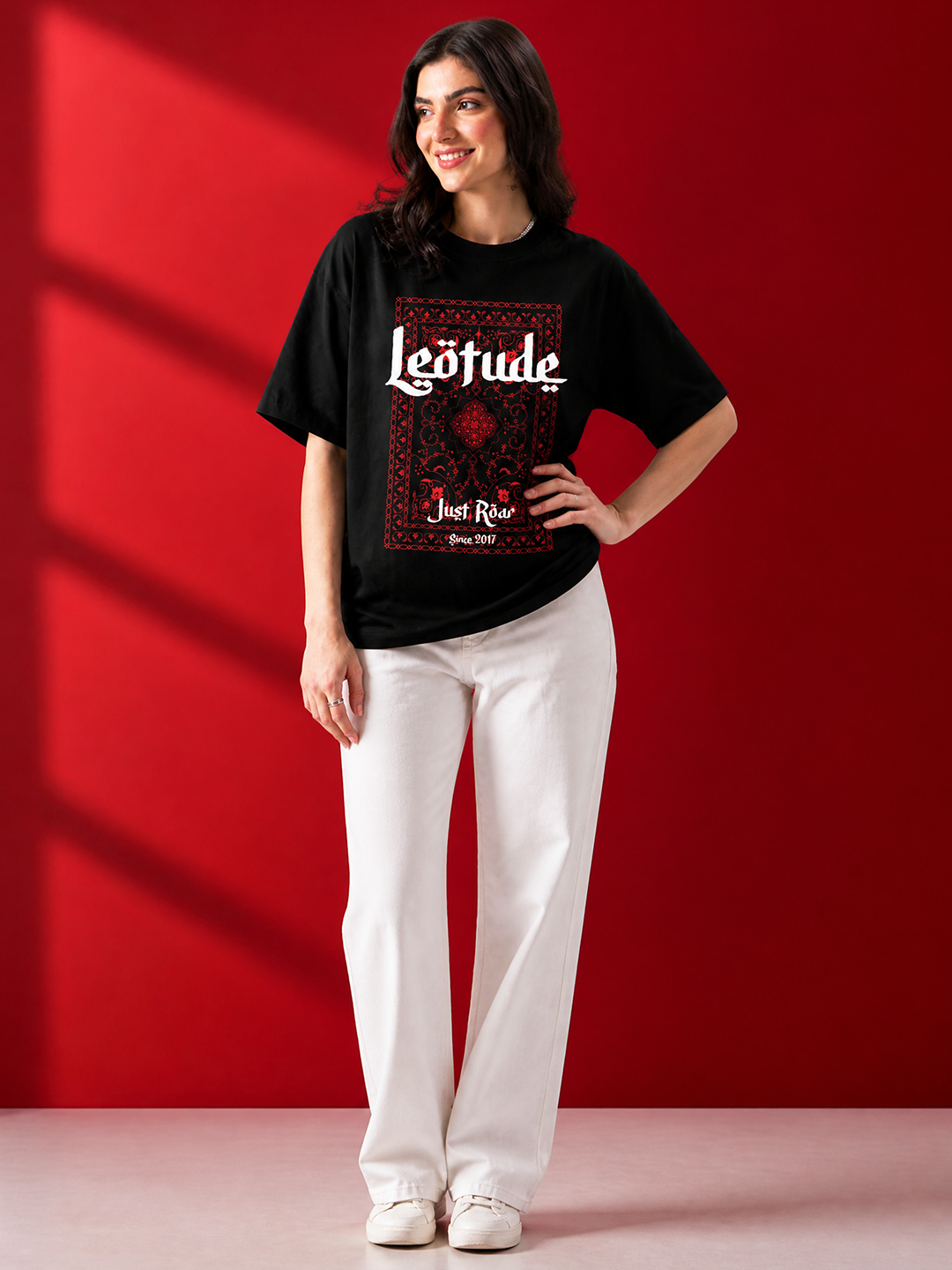 Leotude Black Arabic Printed Oversized Tshirt for Women