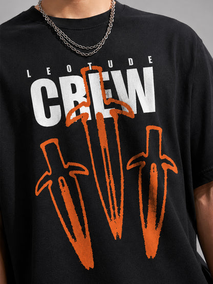 Leotude Men "Crew" Printed Oversized T-Shirt — Black Streetwear Tee