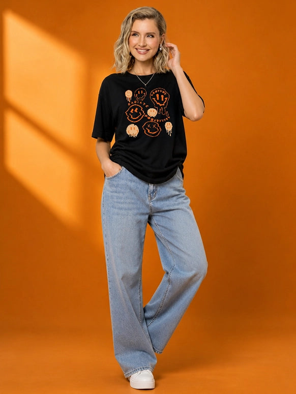 Leotude Women's Black Radiate Positivity Oversized T-Shirt