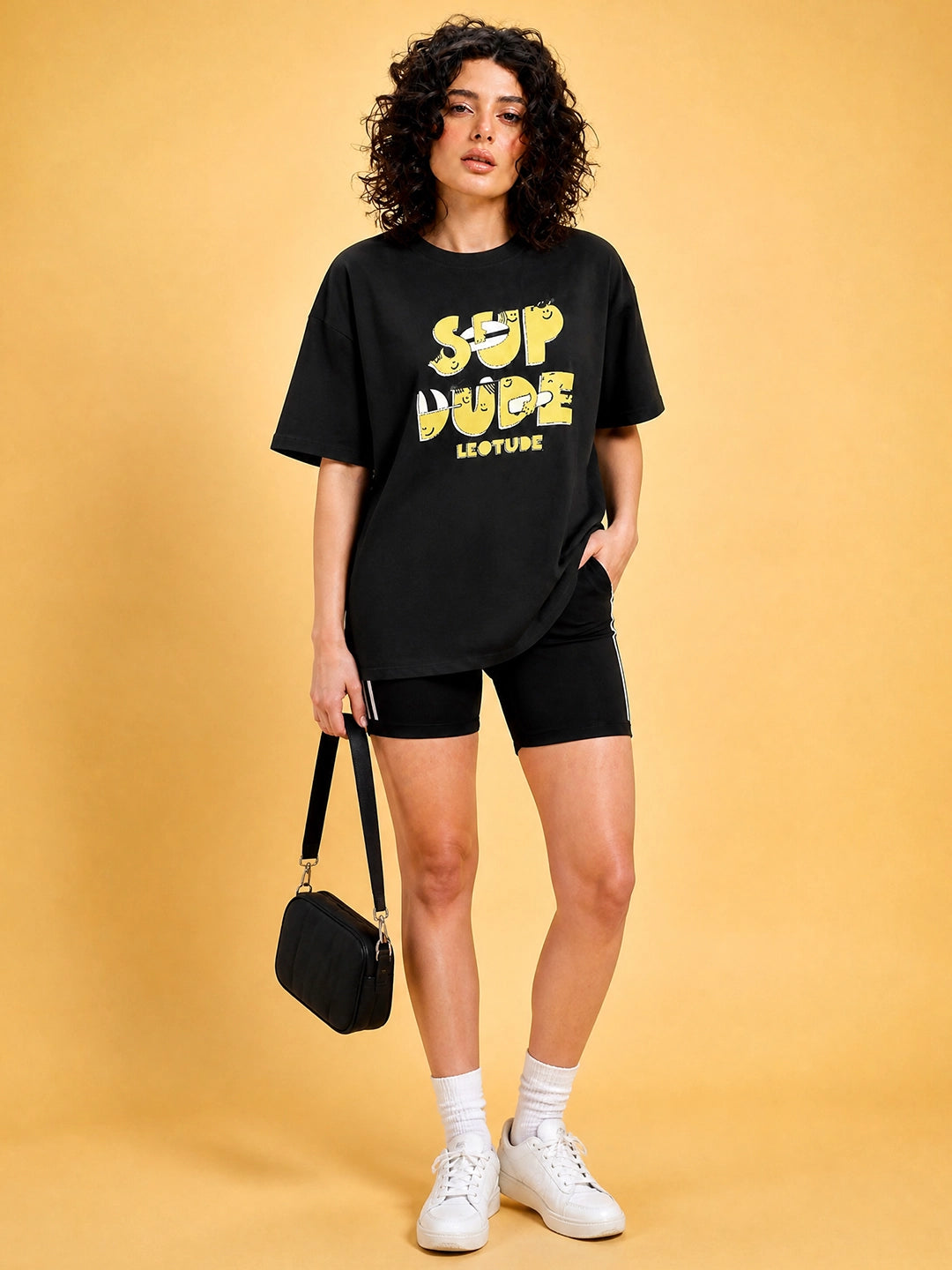 Leotude Black Sup Dude Printed Oversized Tshirt for Women