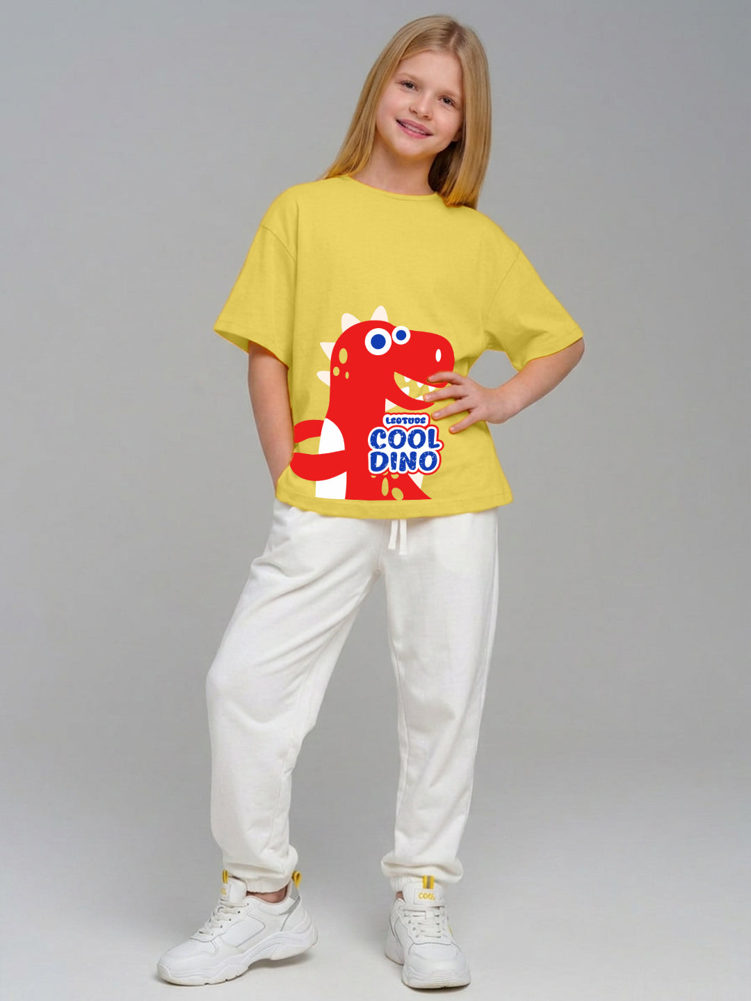 Leotude Girls' Yellow Cool Dino Printed T-Shirt