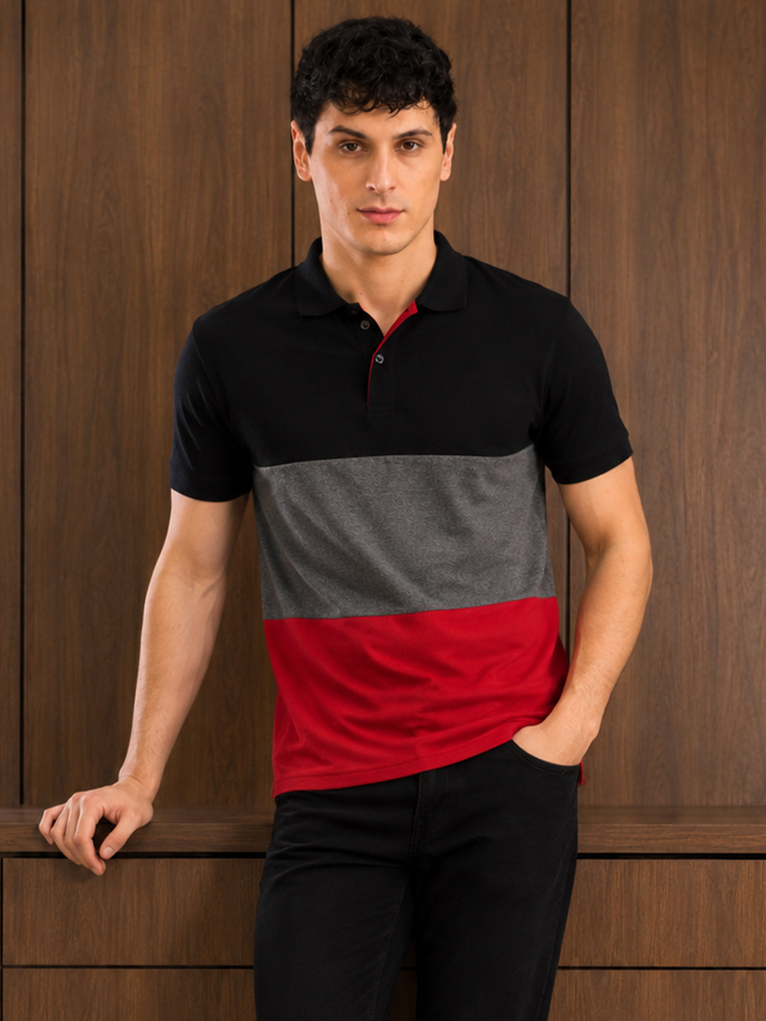 Leotude Men's Black Charcoal Red Colour Block Polo T-Shirt