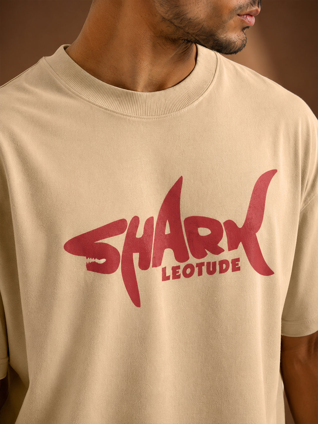 Leotude Men's "Shark" Printed Oversized T-Shirt — Beige Streetwear Tee