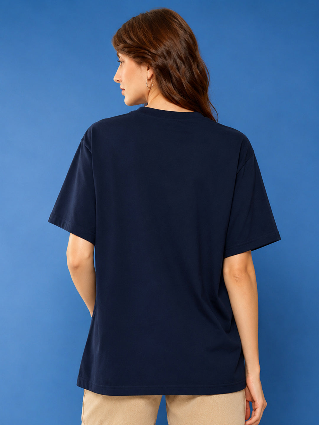 Leotude Oversized Plain T-Shirt — Women's Solid Cotton Drop-Shoulder Tee - Navy